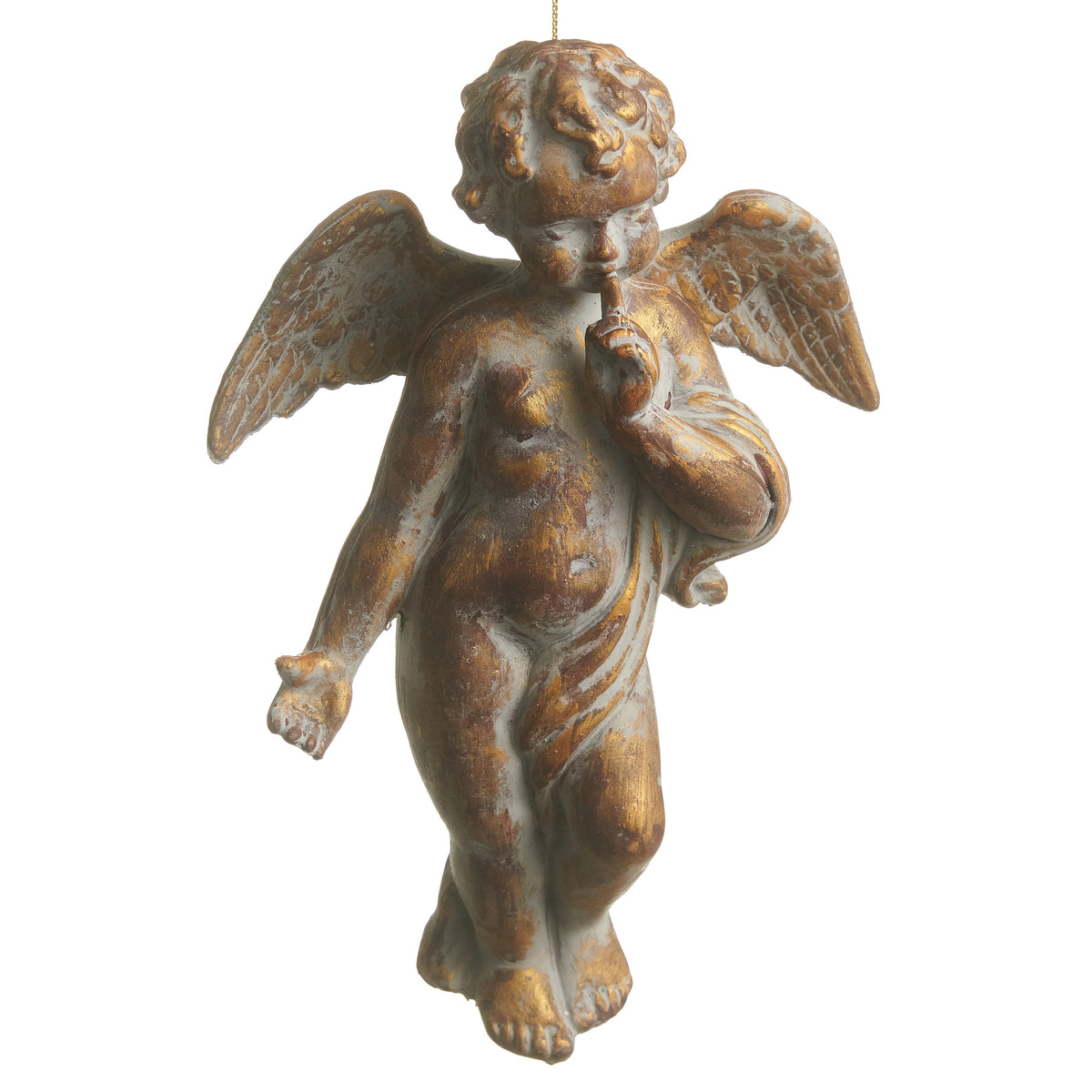 10-inch antique gold angel ornament with wings, holding a finger to its lips in a shushing gesture.