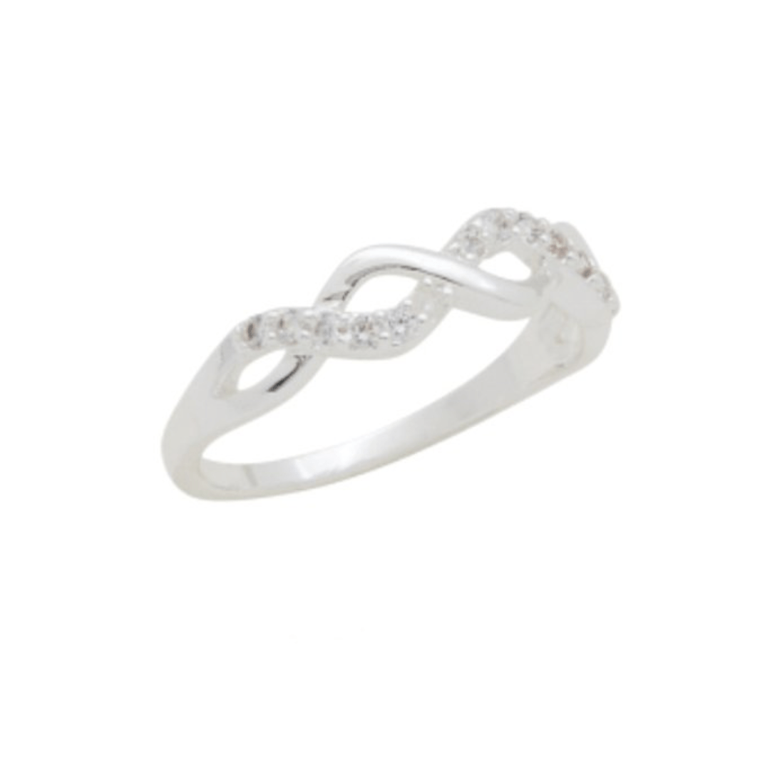 Silver infinity stack ring with clear cubic zirconia stones