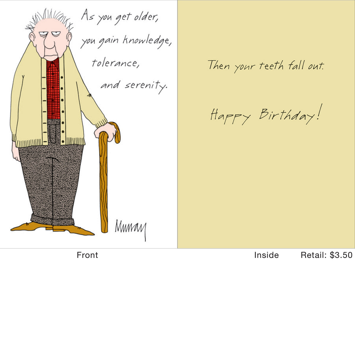 White birthday card with a cartoon illustration of teeth falling out.