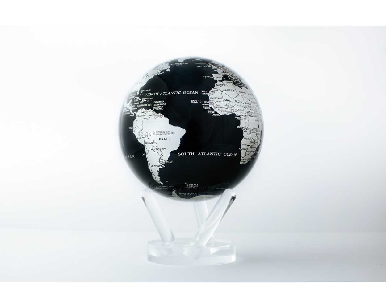 6-inch black globe with silver accents on a matching base