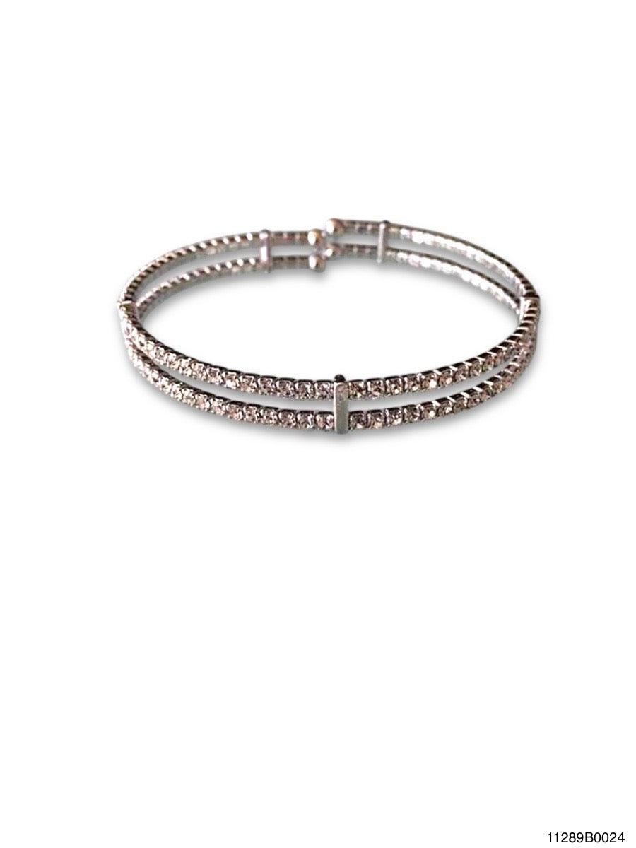 Double single row bracelet with bar accent featuring clear cubic zirconia stones and a white pearl on flexible adjustable chain