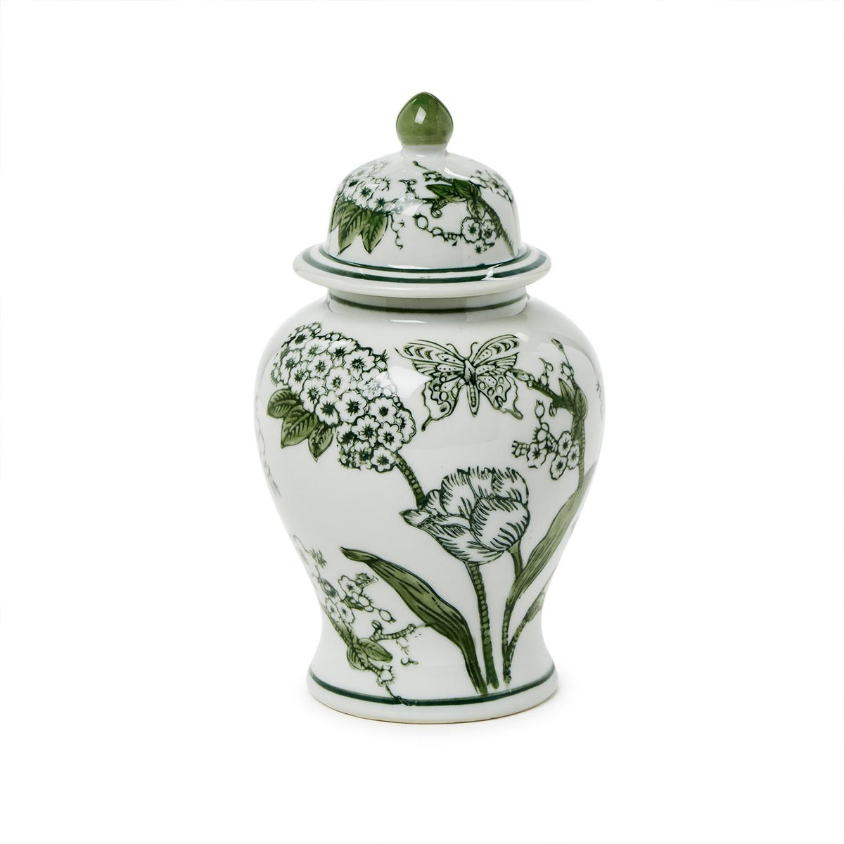 8-inch hand-painted green and white porcelain chinoiserie jar with floral and butterfly designs.