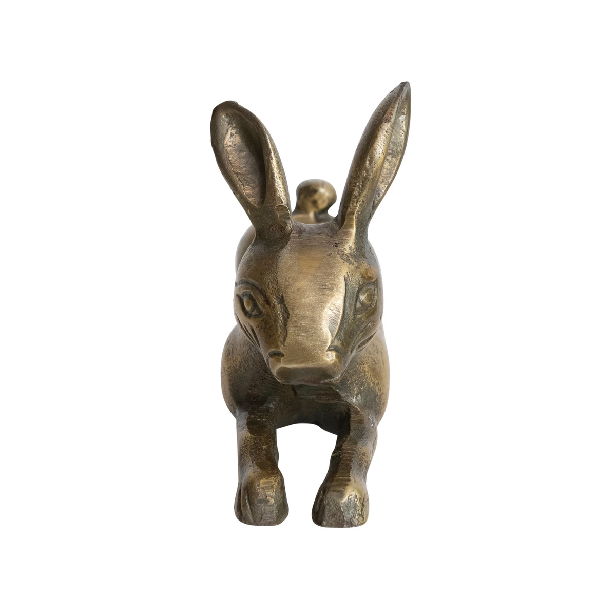 Antique brass aluminum rabbit figurine with a decorative silhouette.