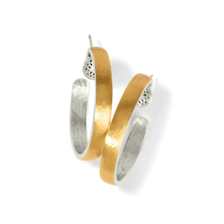 Silver-gold two-tone post hoop earrings with flat disc backs