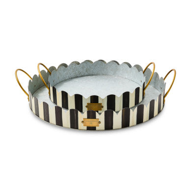 Galvanized metal serving tray with brass logo plate