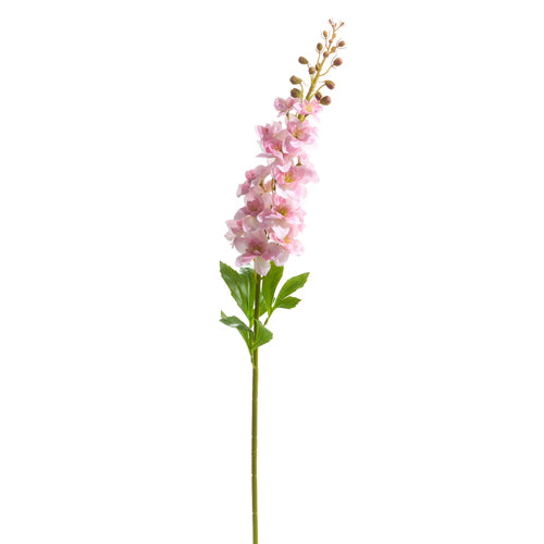 Artificial Delphinium flower stem with blue polyester blooms on plastic stems.