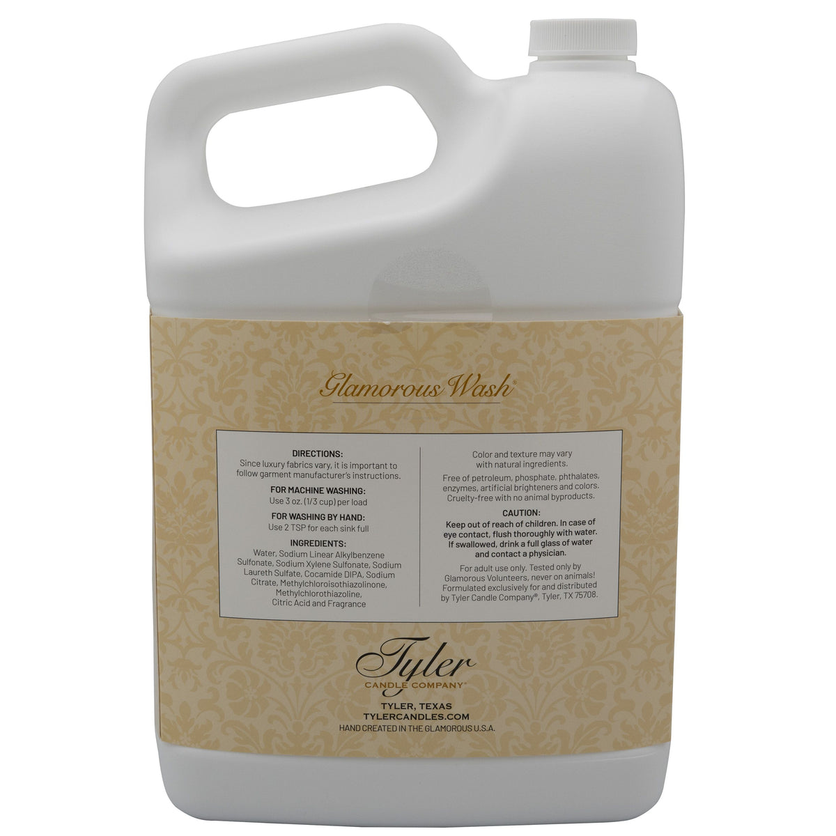 Back label of a 3.78L white jug of Tyler Glamorous Wash with directions and ingredients.