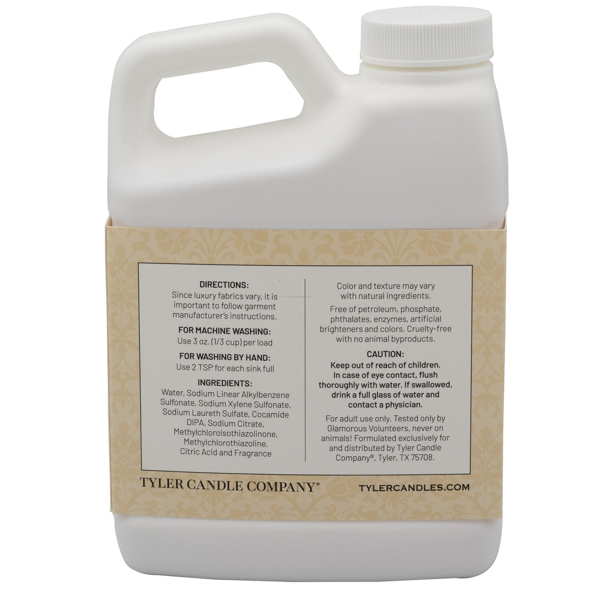 Back label of a 16oz white bottle of Tyler Candle Company Glamorous Wash laundry detergent.