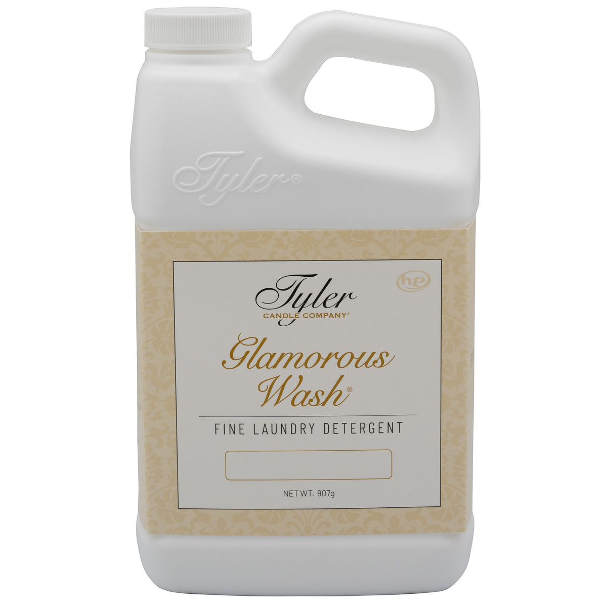 32oz Tyler Candle Company Glamorous Wash fine laundry detergent in a white plastic jug.