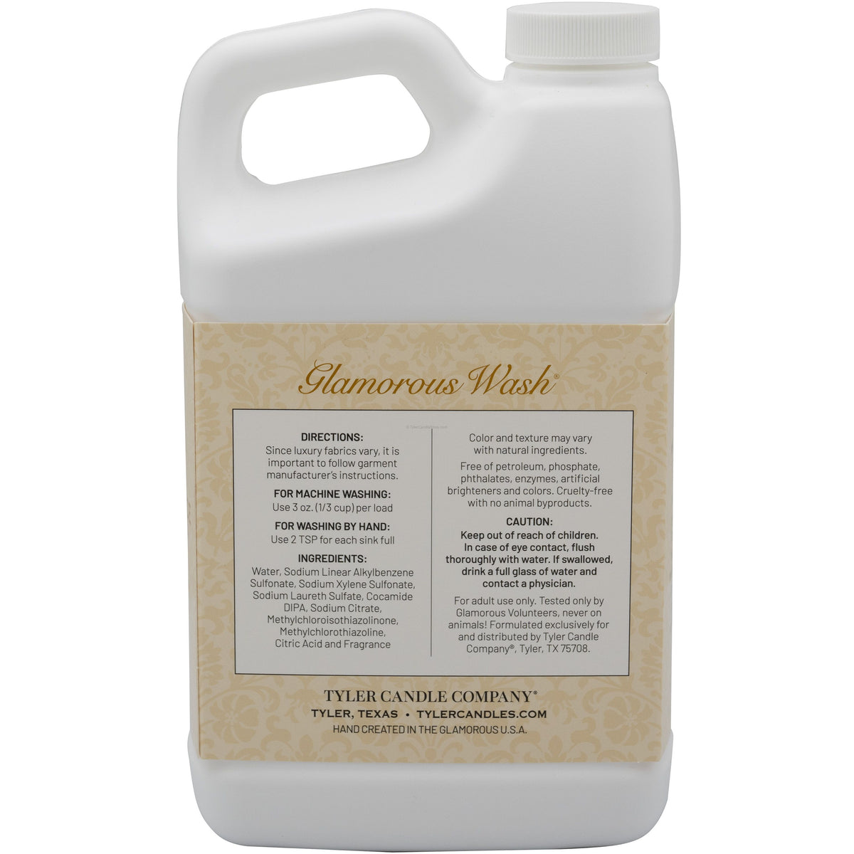Back label of a 32oz white bottle of Glamorous Wash laundry detergent with usage instructions.