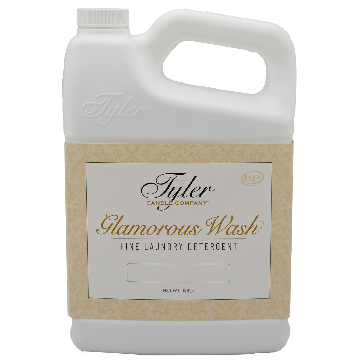 1.89L bottle of Tyler Candle Company Glamorous Wash Fine Laundry Detergent for HE machines.