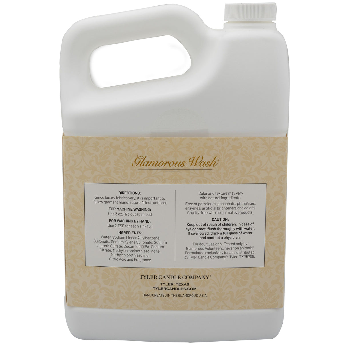 Back label of a 1.89L white plastic jug of Glamorous Wash laundry detergent with directions.