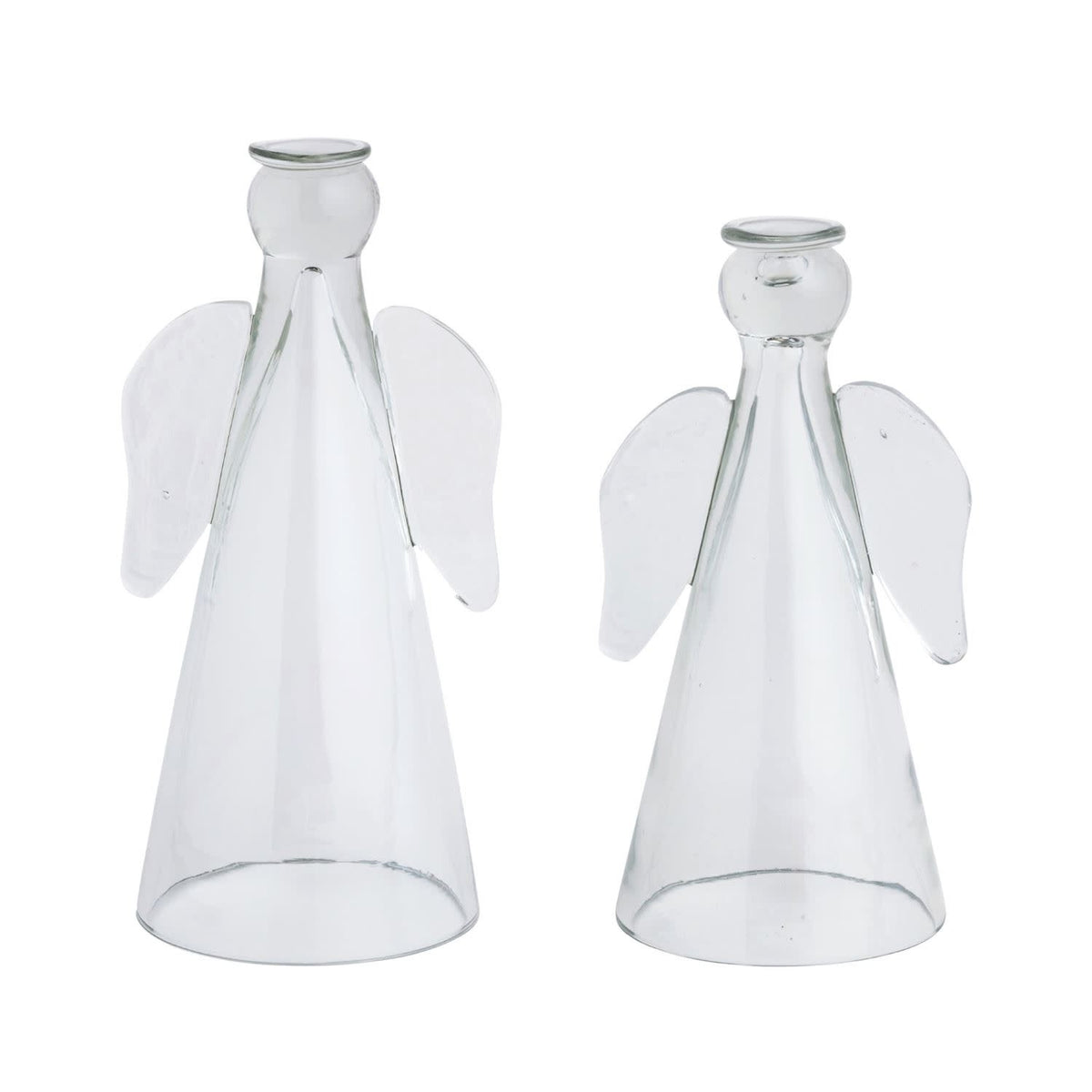 Glass angel figurine with hollow base holding a flameless tea light candle.