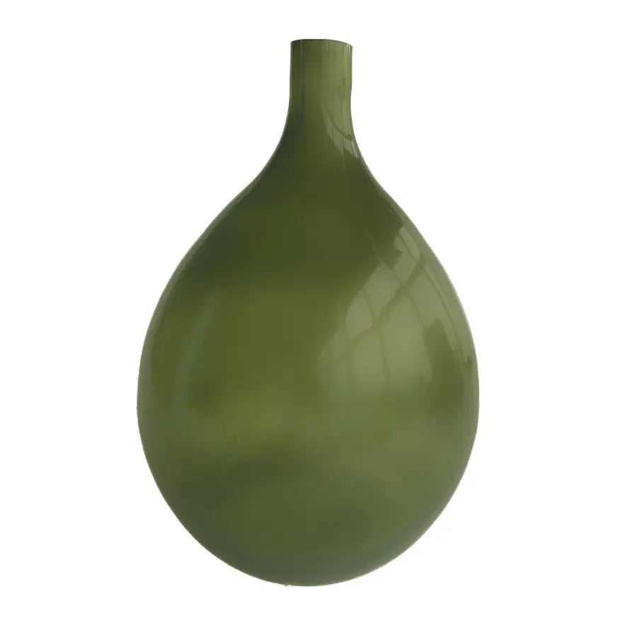 Large round green glass vase with a smooth cylindrical silhouette.