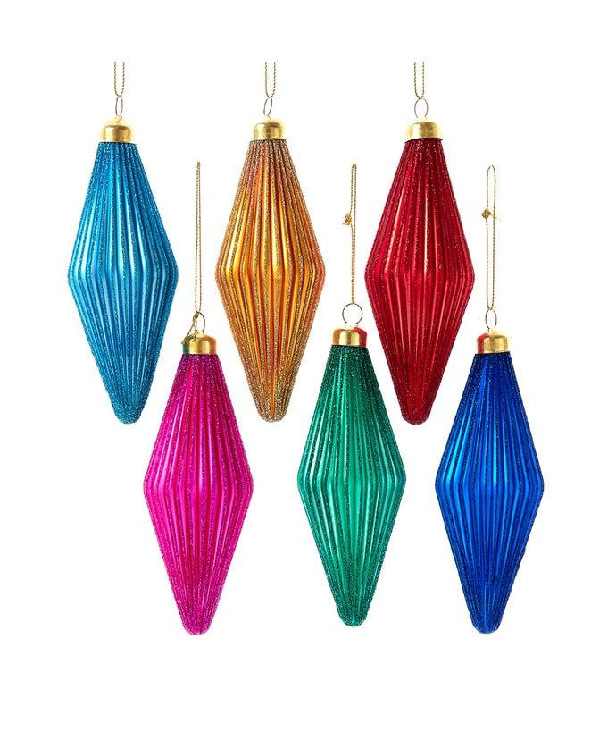 Glass diamond-shaped ornament with bright colors on a white background.