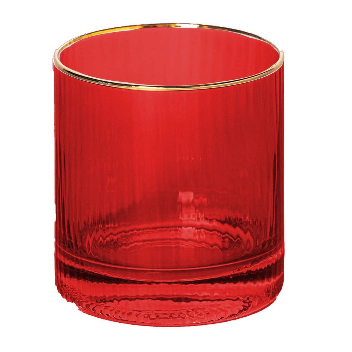 Red ribbed glass tumbler with a gold-rimmed edge.