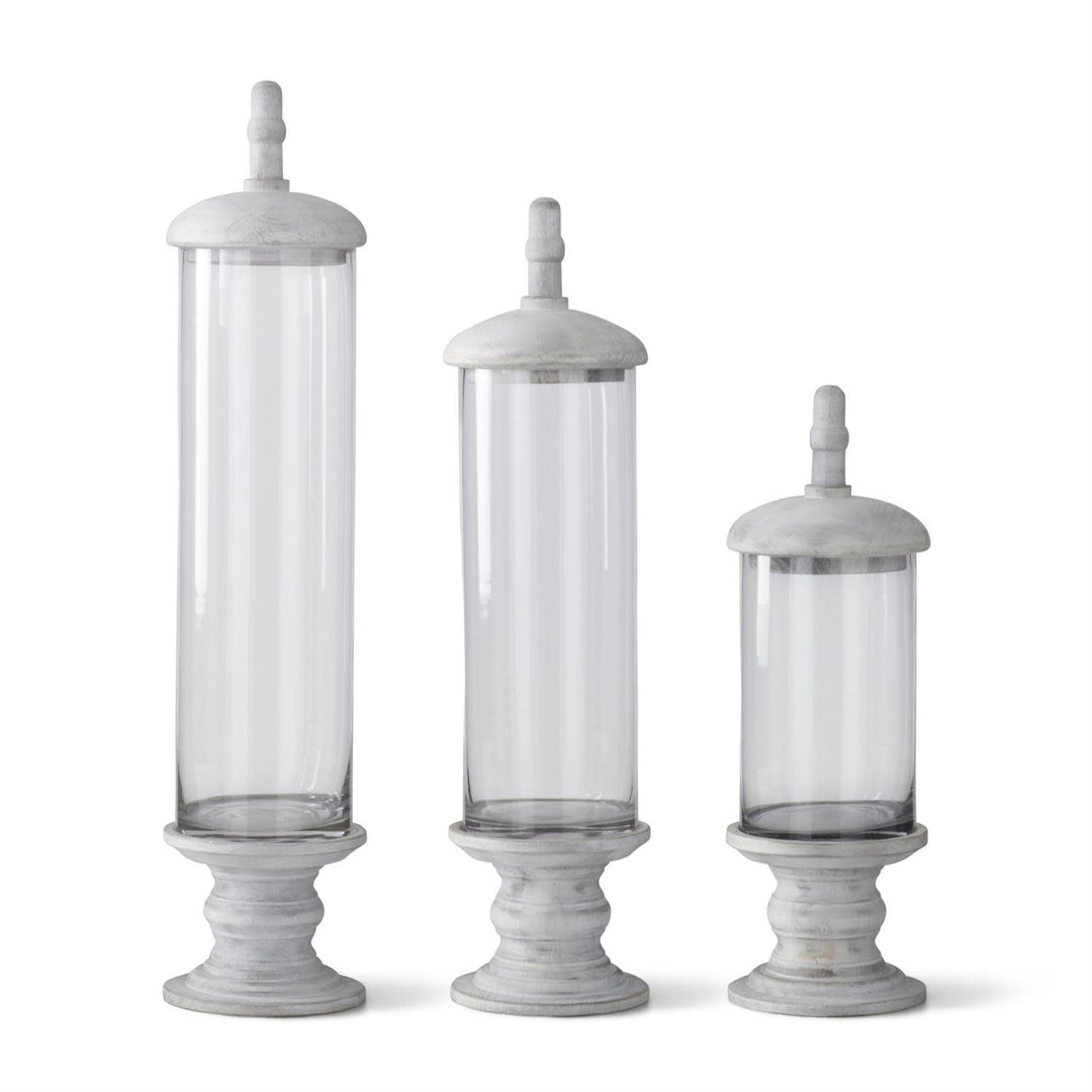 Glass Cylinder Containers with White Wood Base Pedestal & Top