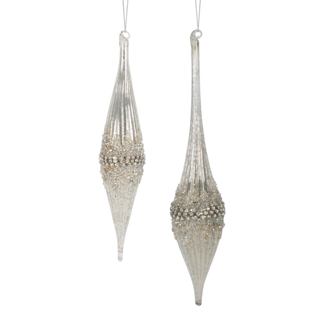 Glass drop ornament with iridescent beads, faux diamond gems, glitter accents, and a teardrop silhouette.