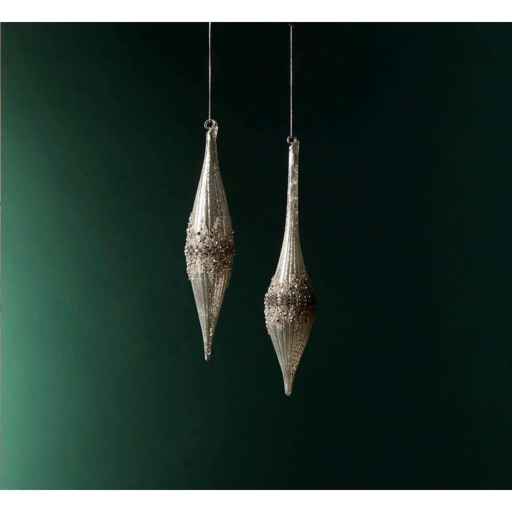 Glass drop ornament with iridescent beads, faux diamond gems, and glitter in a teardrop silhouette.