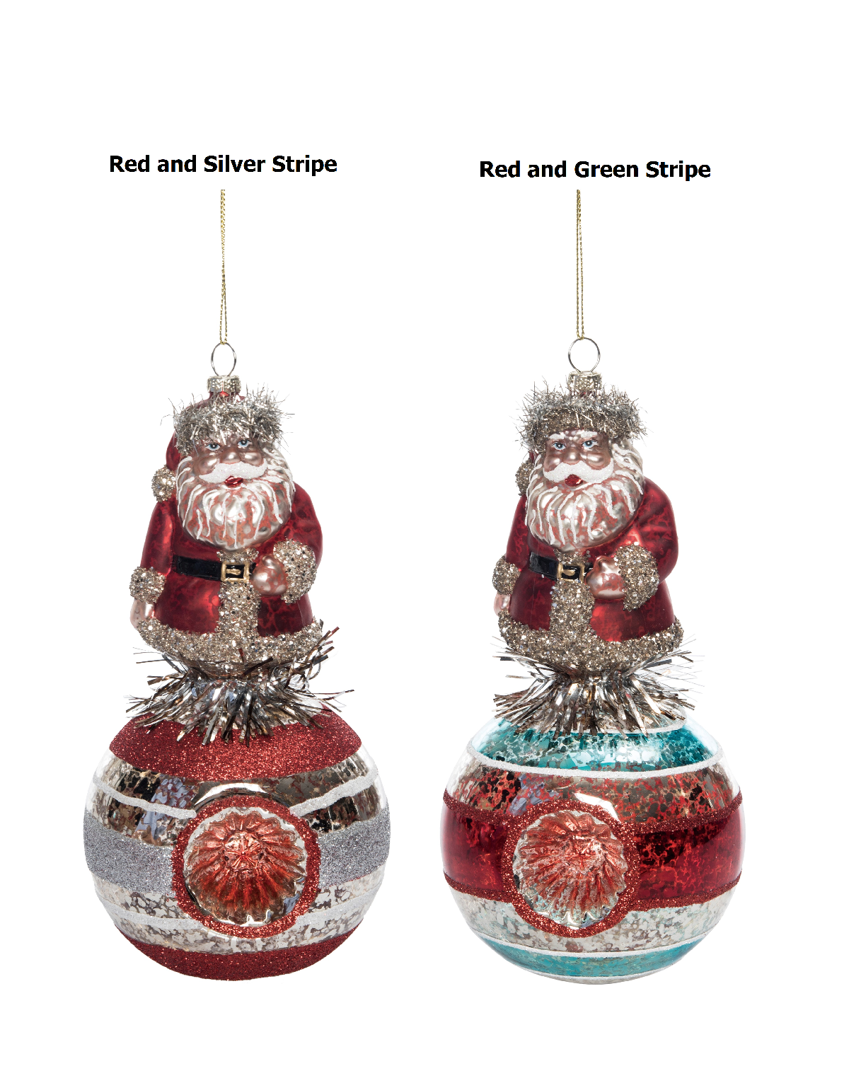 Glass round ornament featuring a tinsel Santa figure with red suit and white beard against clear background.