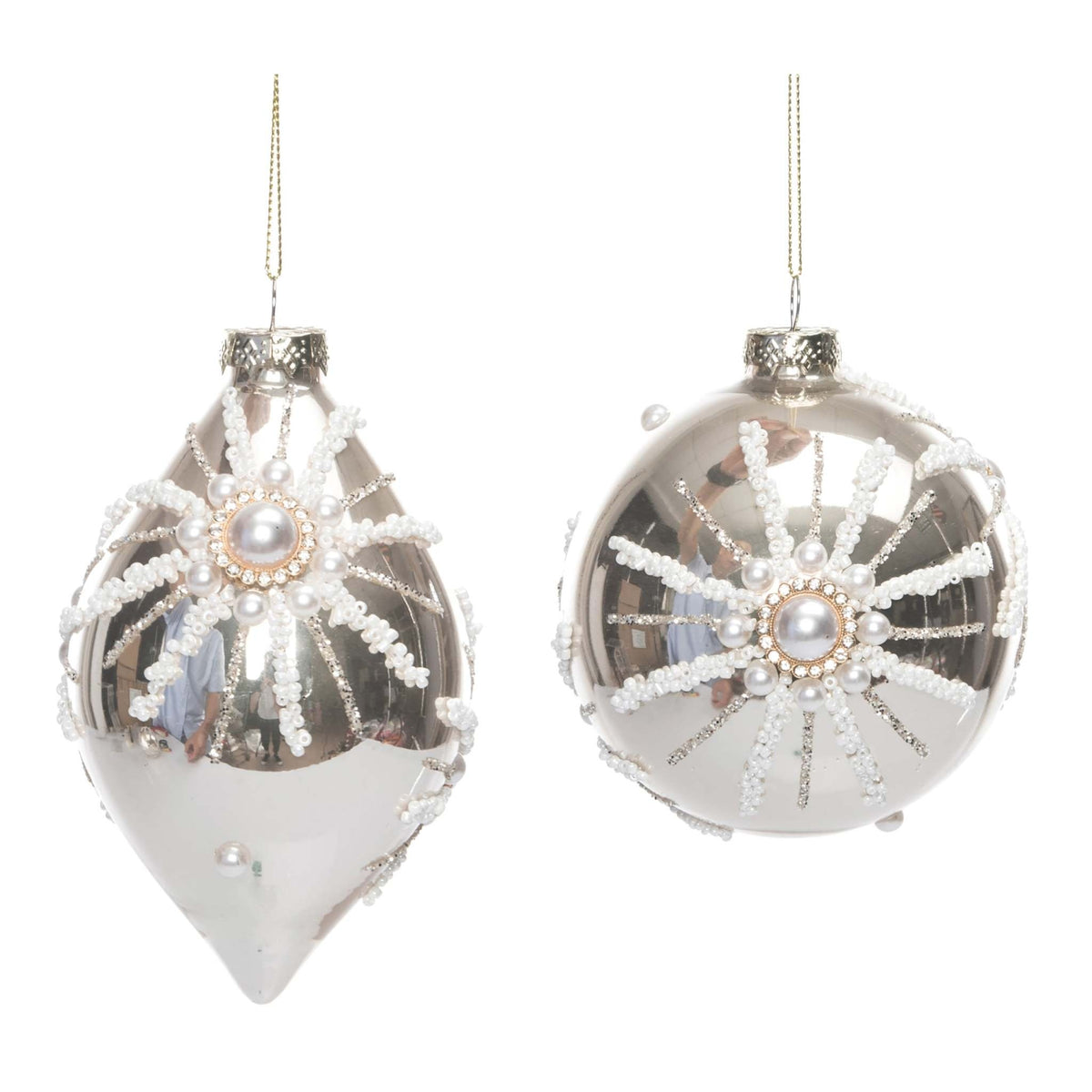Glass gold ornament with pearl starburst pattern in vibrant gold
