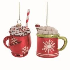 Glass hot cocoa ornament with a white mug shape filled with brown liquid.