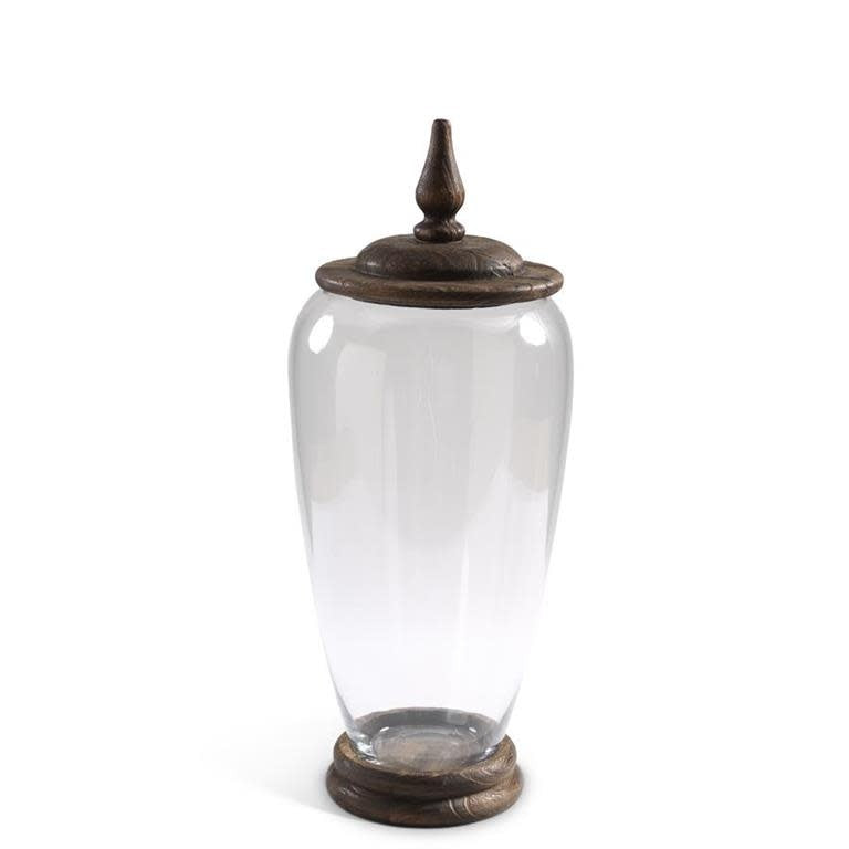 Glass storage jars with wood Paulownia bases and lids in a rustic modern style.