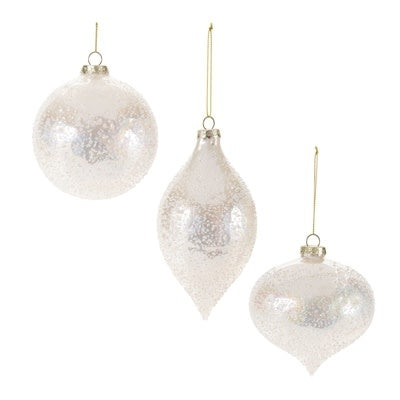 Glass ornament with intricate detailing and shimmering finish