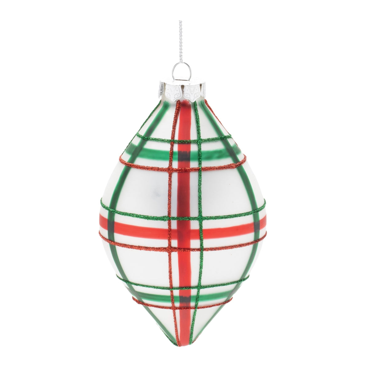 Glass Christmas ornament with red and green plaid pattern