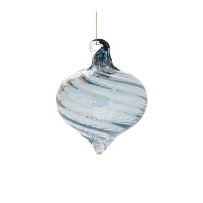 Glass ornament with intricate detailing and shimmering finish on a white background.