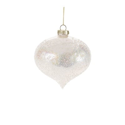 Glass ornament with intricate detailing and shimmering finish on a white background.