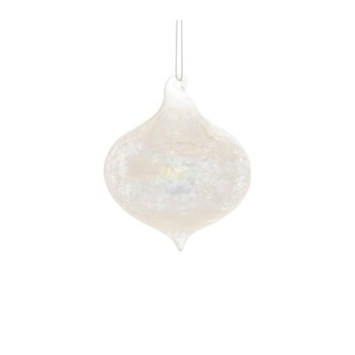 Glass ornament with intricate detailing and shimmering finish on a white background.