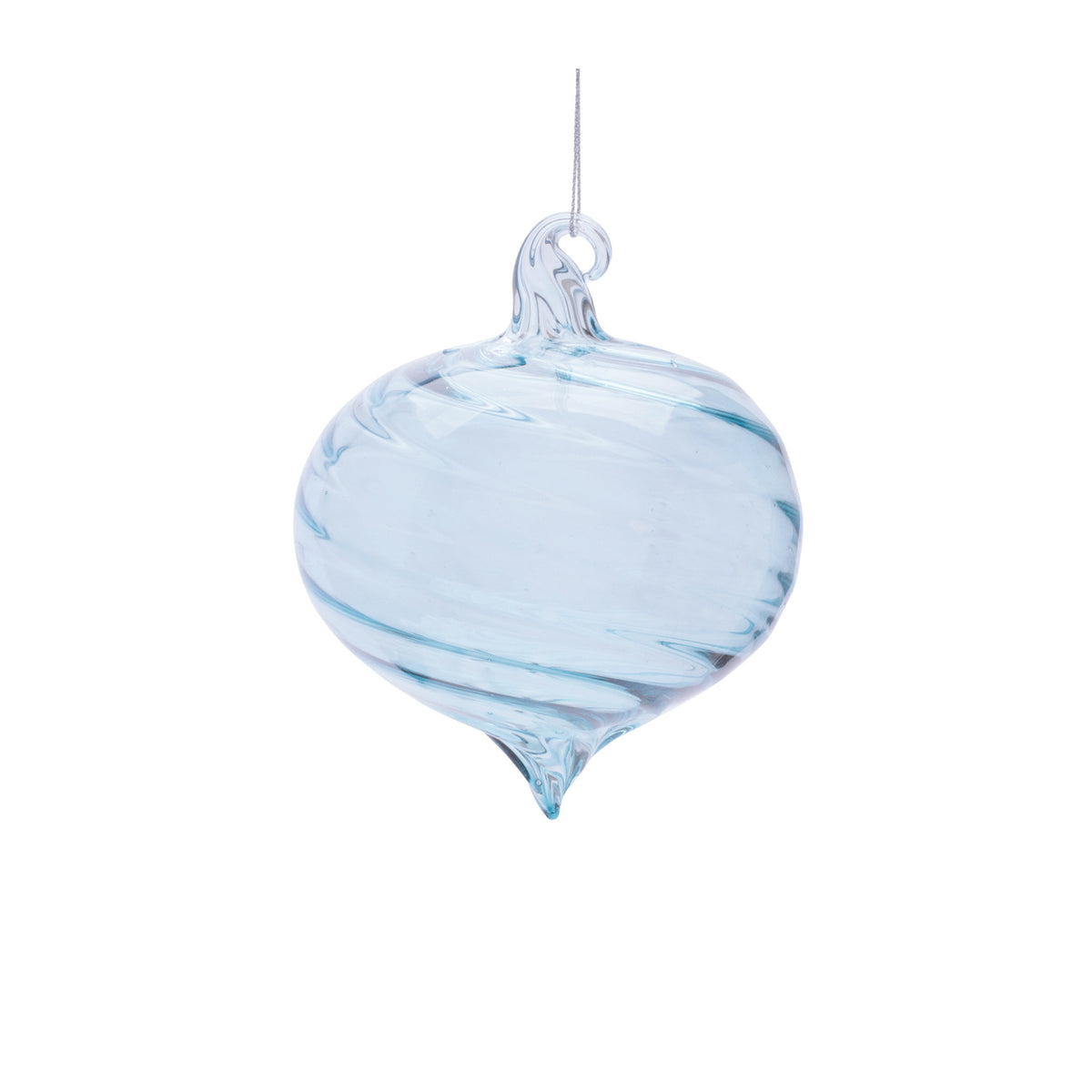 Four-inch clear glass onion-shaped ornament with smooth reflective surface.