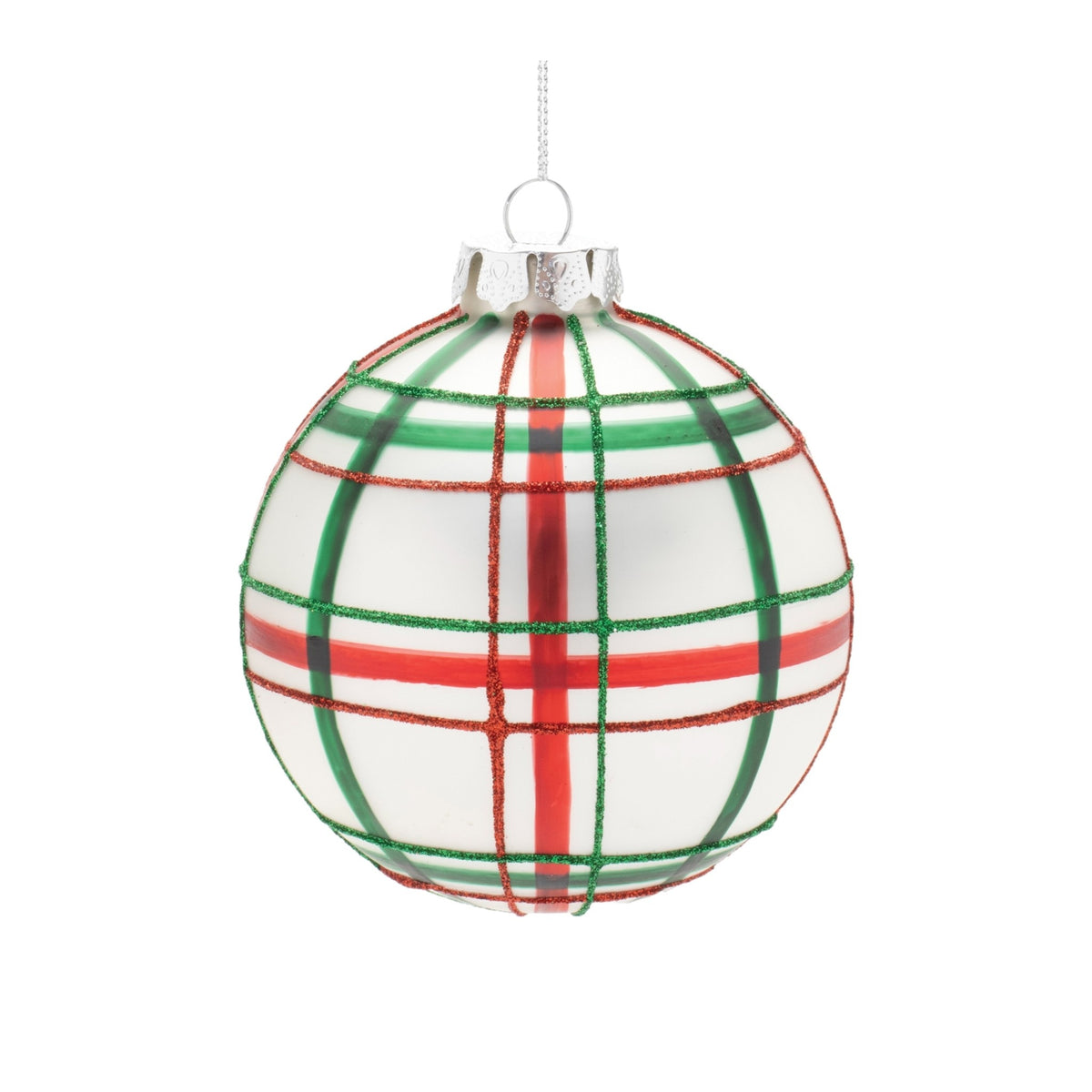 Round glass Christmas ornament with red and green plaid pattern