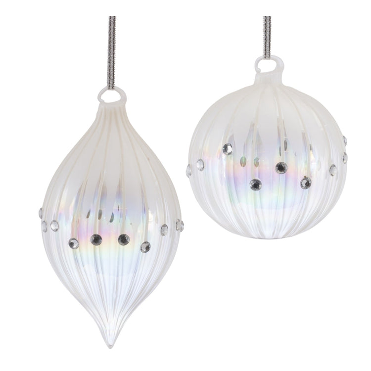 Glass Christmas ornament with iridescent finish, jeweled accents, wintry white tones, and silver ribbon hanger.