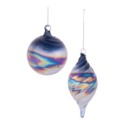 Glass ornament with intricate detailing and shimmering finish on a white background.