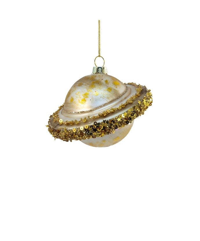 Glass Saturn ornament with painted rings on a spherical shape