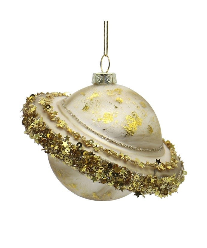 Glass Saturn ornament with painted rings on a spherical shape