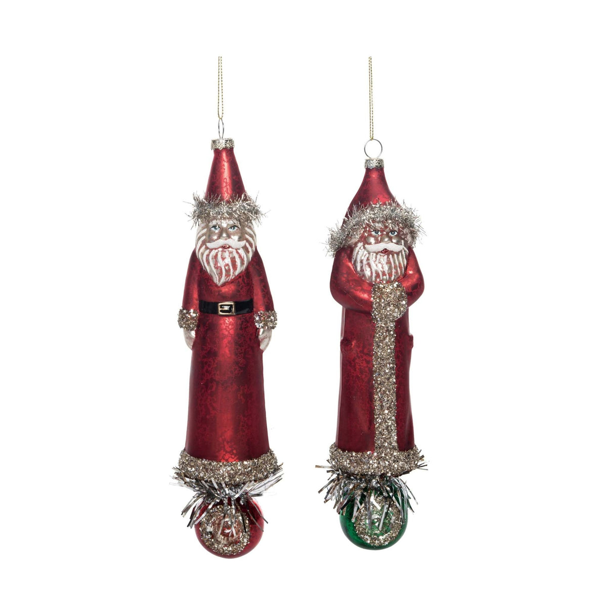 Glass Old World Santa ornament with red suit, white beard, black hat, and gold trim.