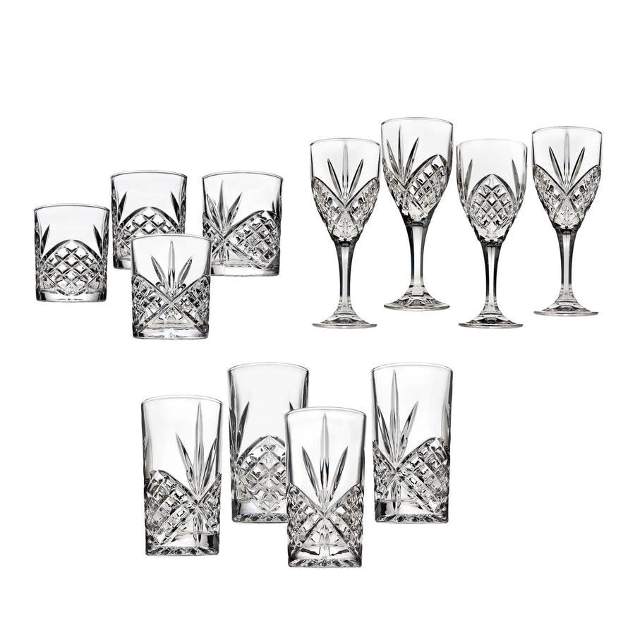 Set of twelve Dublin crystal glasses with brilliant-cut patterns in clear glass