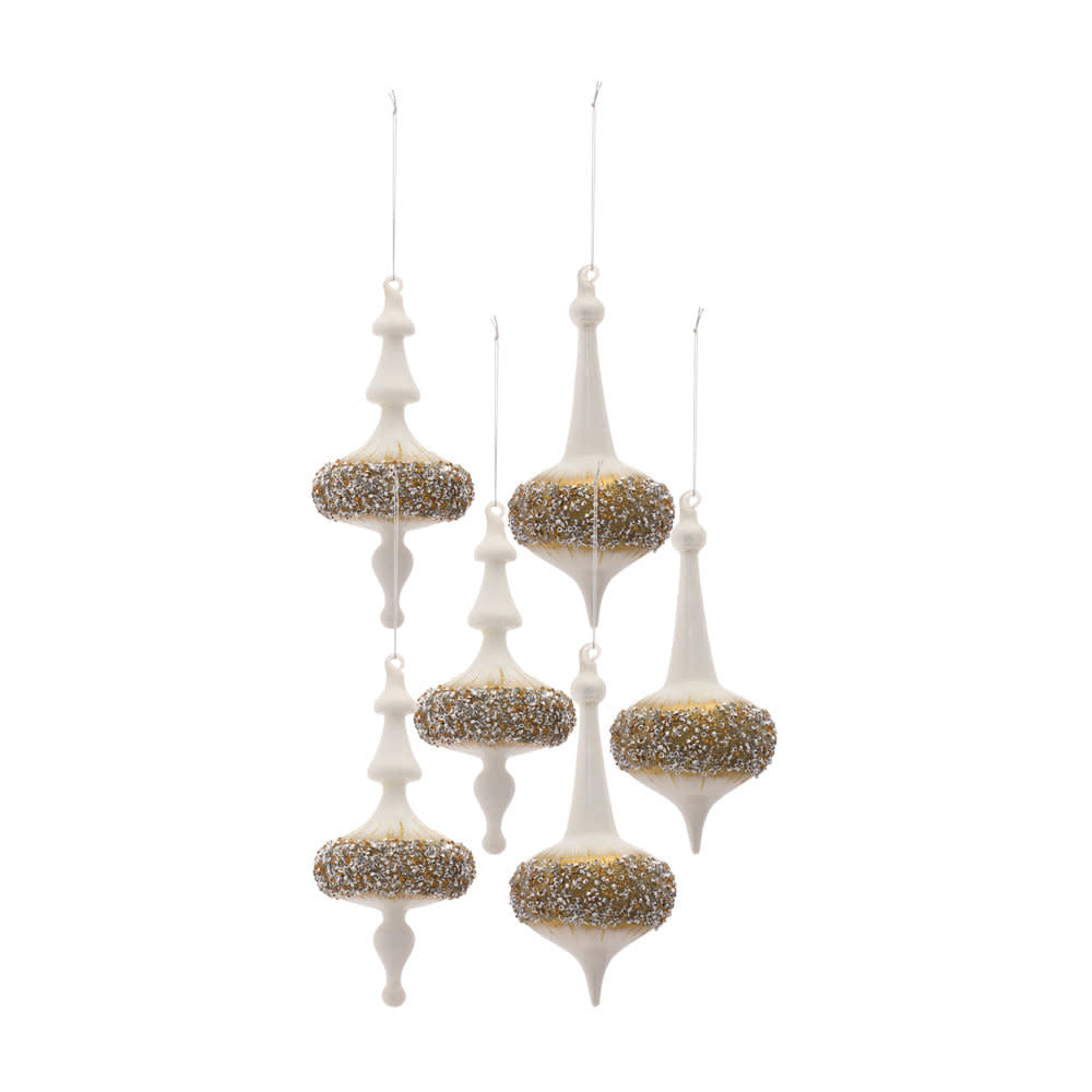 Glass finial drop ornament in white with gold beaded accents