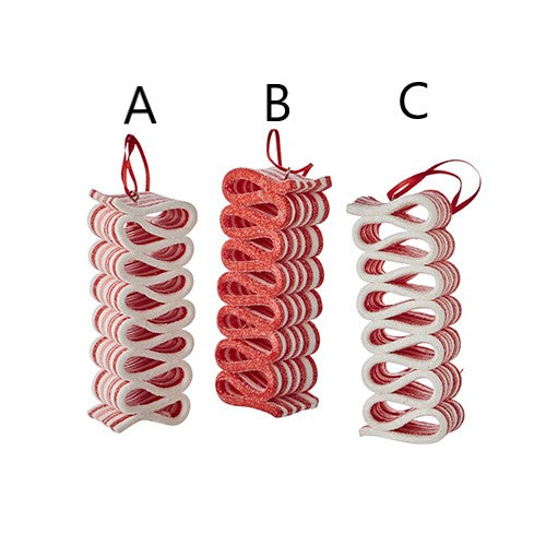 Four-inch red plastic candy ornament with white ribbon loop