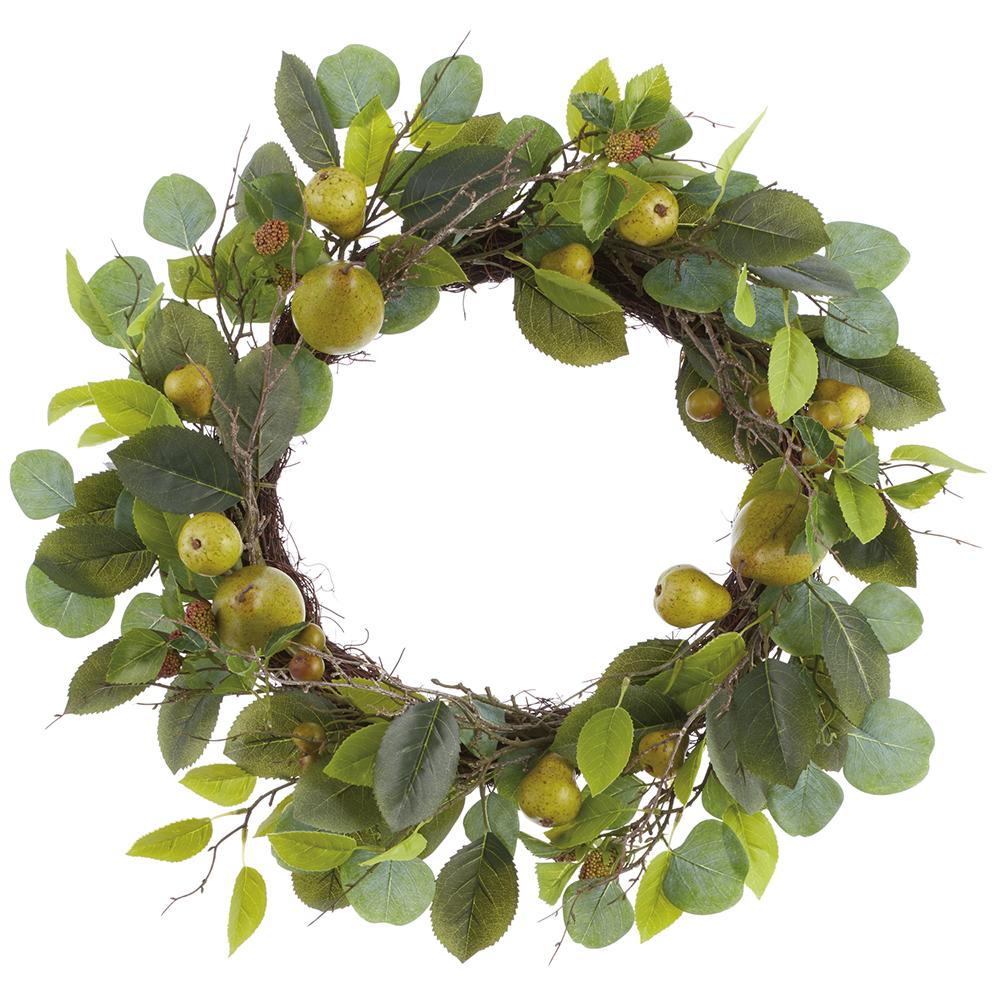 Round green wreath with pear, raspberry, and eucalyptus accents made of polyester, plastic wire, rattan.