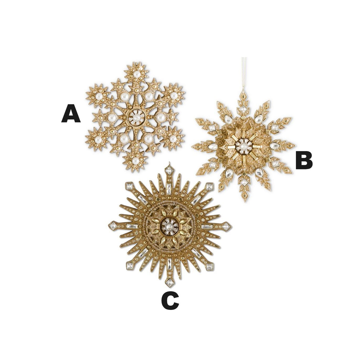 Gold resin snowflake ornament with jeweled accents measuring 6.25 inches in diameter.