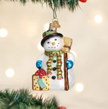 Gleeful Snowman Ornament with a smiling face, black hat, scarf, and red mittens on a white background.