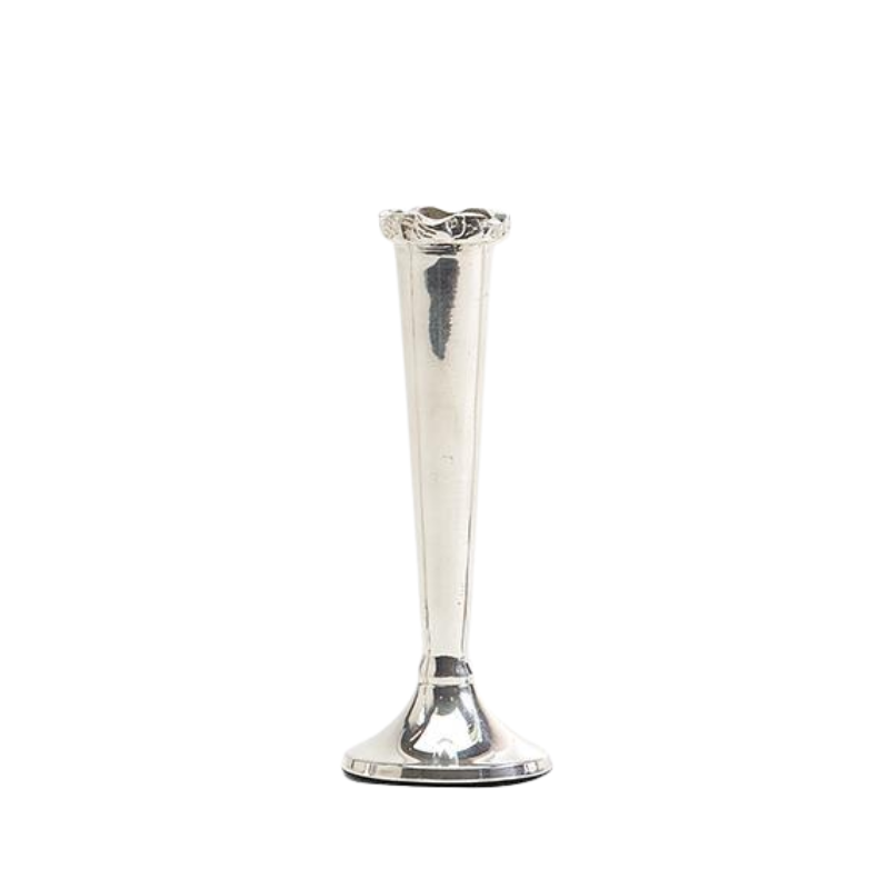 Single stem silver-plated brass bagatelle vase with a ruffled rim and flared base.