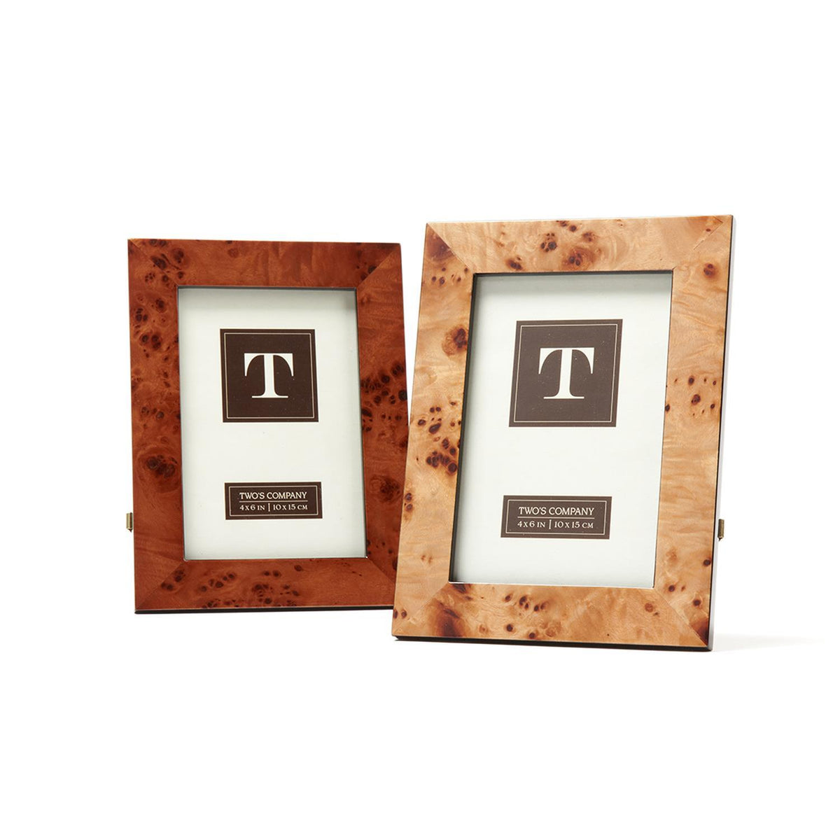 High gloss burled wood photo frame with soft velvet backing on easel stand