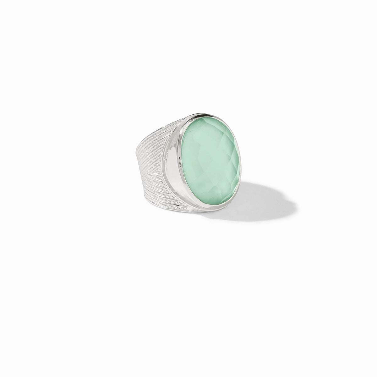 Adjustable silver plate ring with imported glass stone featuring a Julie Vos hallmark.