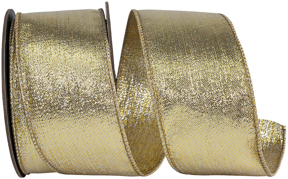 Roll of glimmer gold silver metallic deluxe weave wired edge ribbon with a structured wired edge.