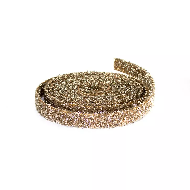Gold glitter rope ribbon with wired edges for crafting wreaths.